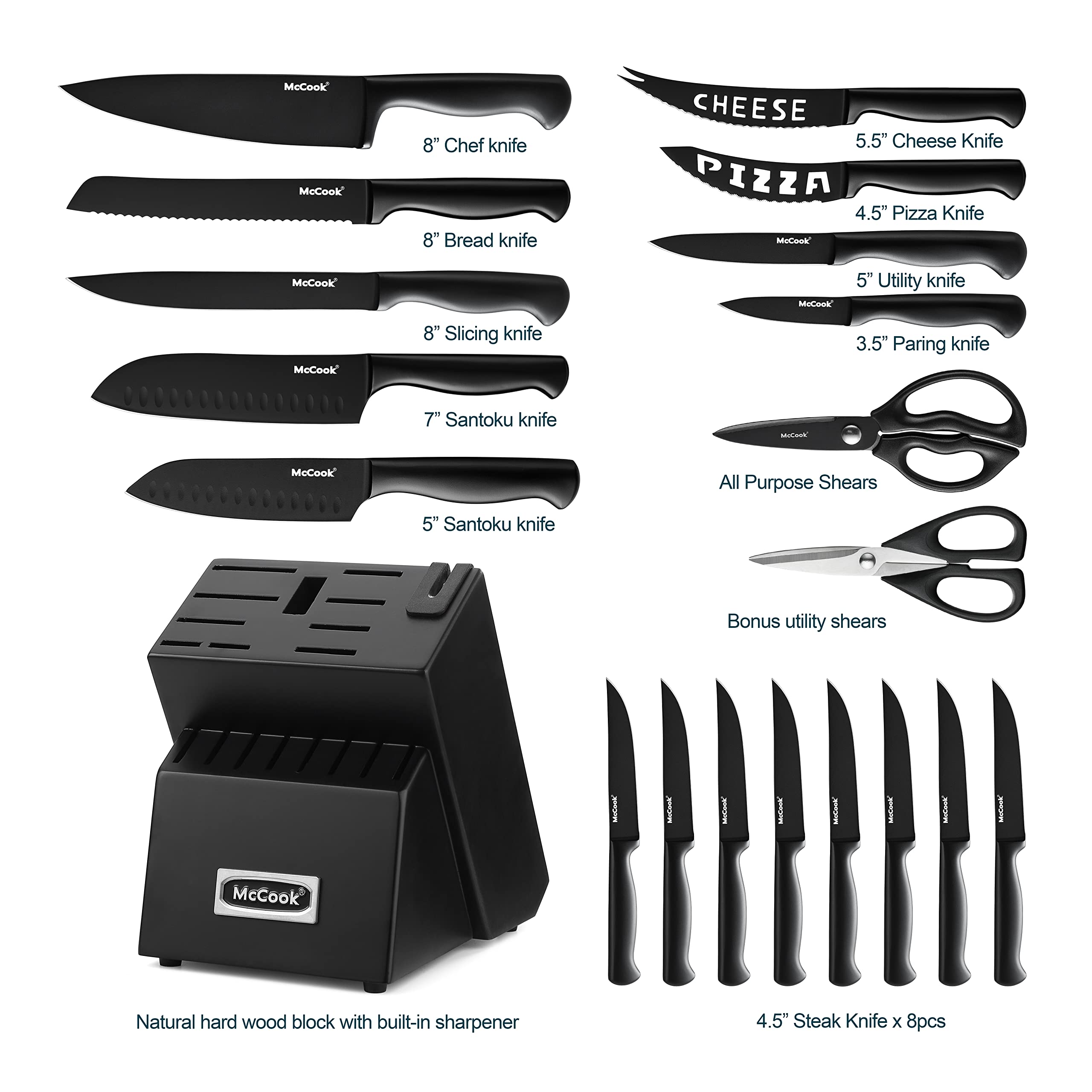 McCook Premium Black Knife Set 8-inch chef knife for precise chopping.