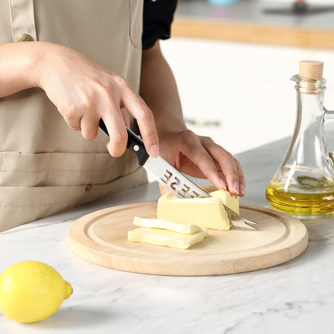 McCook wooden knife block stores the set securely, keeping knives organized.