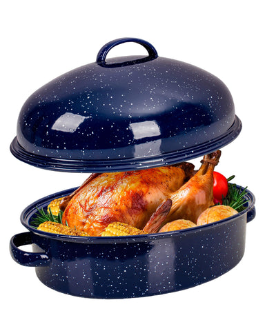 MCCSI roasting pan with lid and rack for large roasts; easy to use.