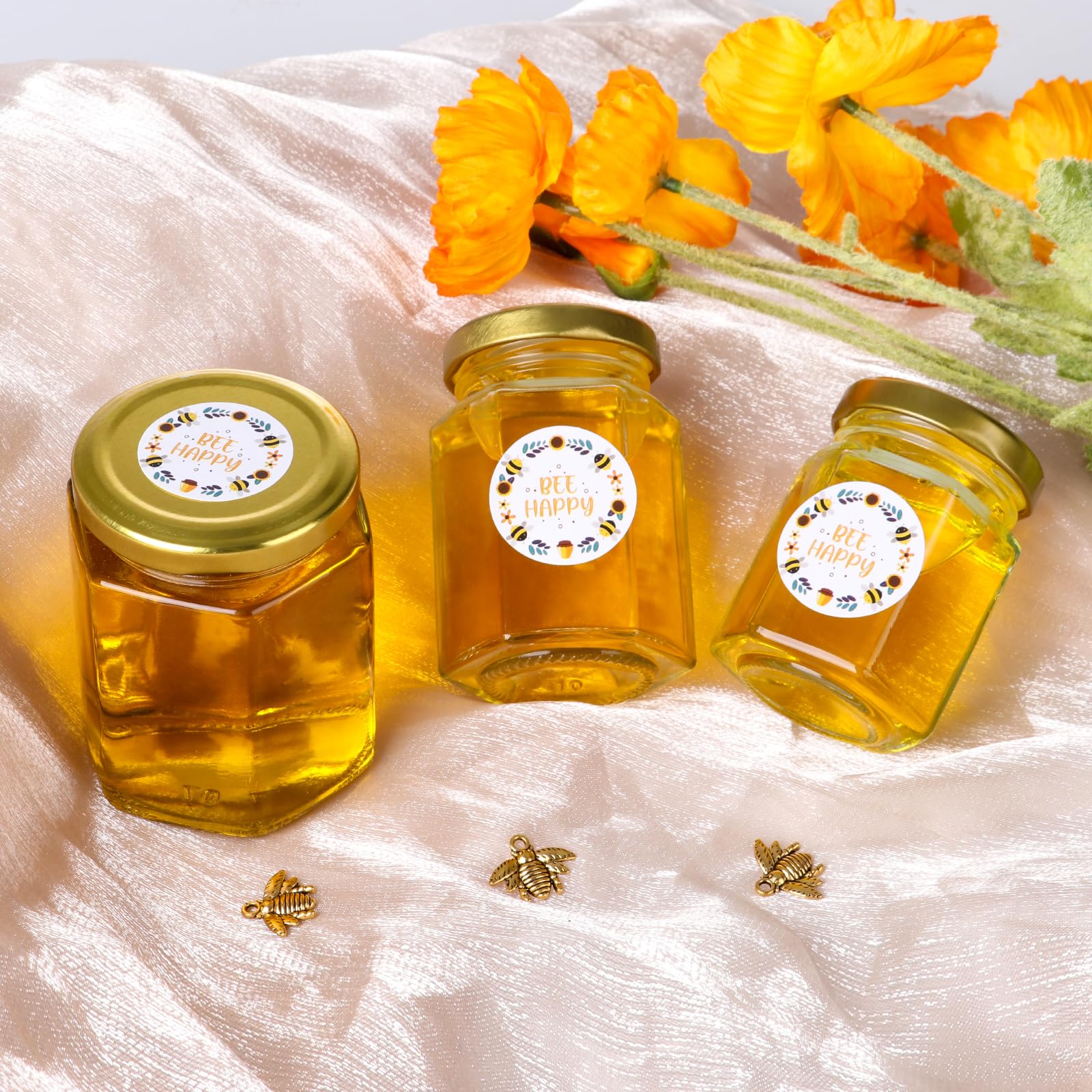 Mcupper hexagon glass jar with golden lid close-up showing airtight seal.