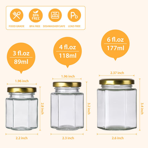 Mcupper honey jar displayed with labels and bee charms for party favors.
