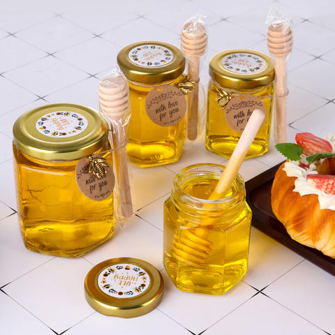 Mcupper wedding favors jars on table display with rustic charm.