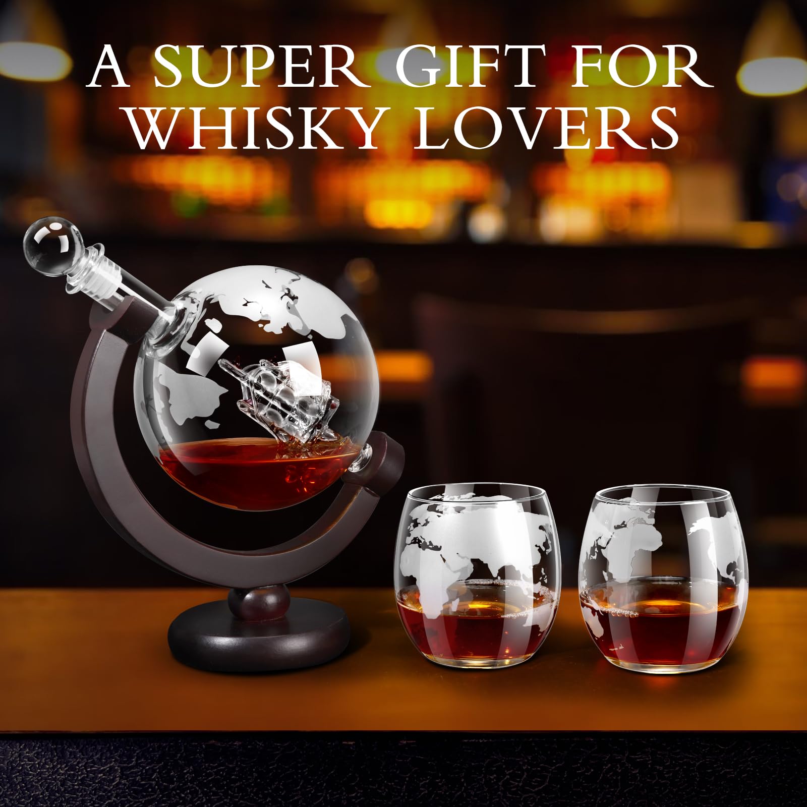 mcgskl Ship-engraved glasses paired with the globe decanter for a world-map sipping experience