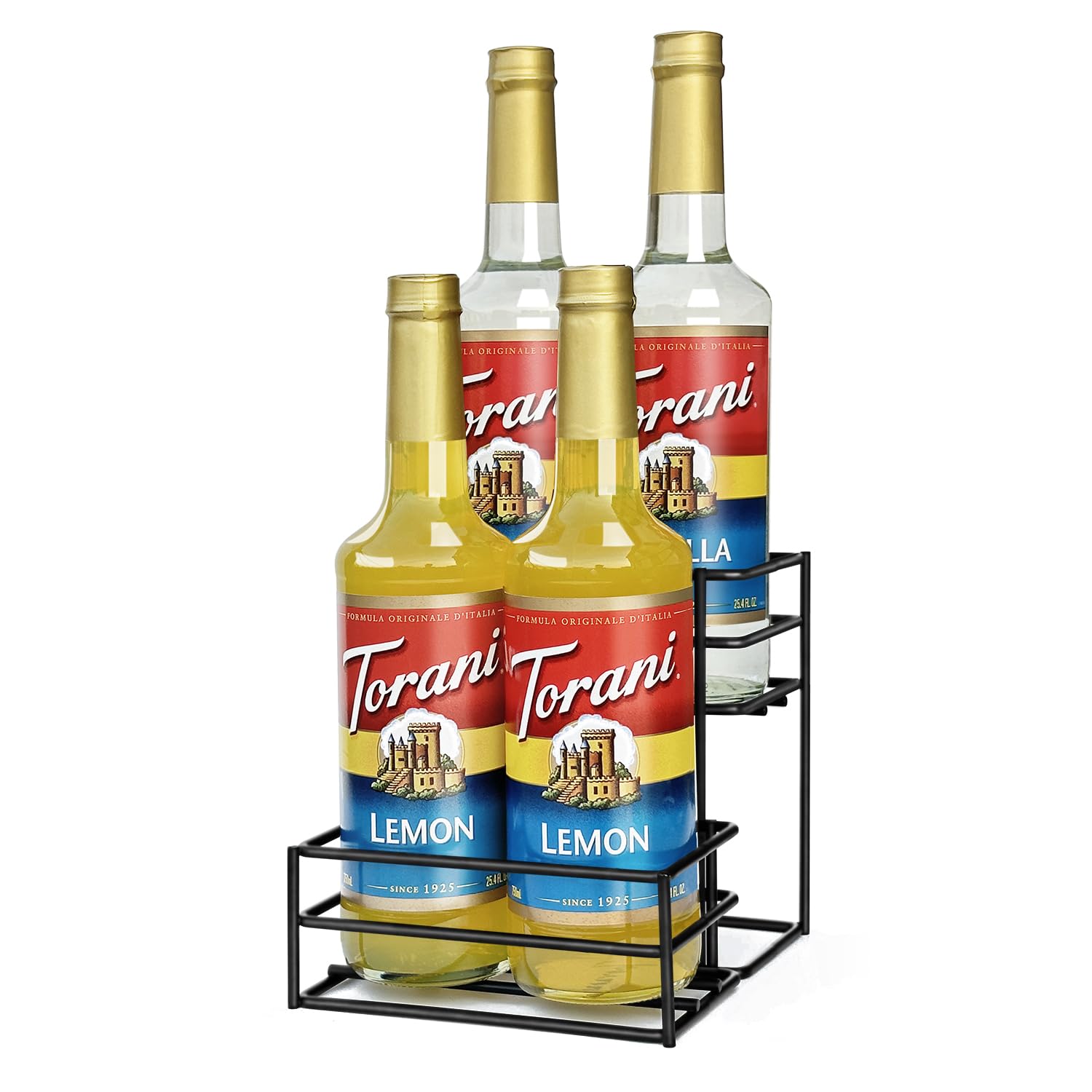 MCSAPIL coffee syrup rack on countertop with four bottles for easy flavor access.