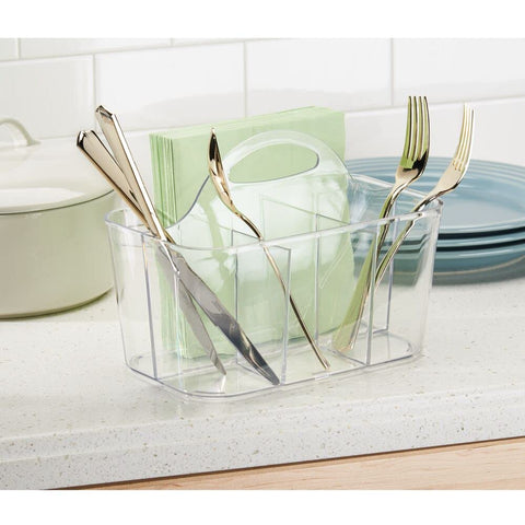 mDesign Lumiere divided compartments separate forks, knives, spoons, and napkins for quick use.