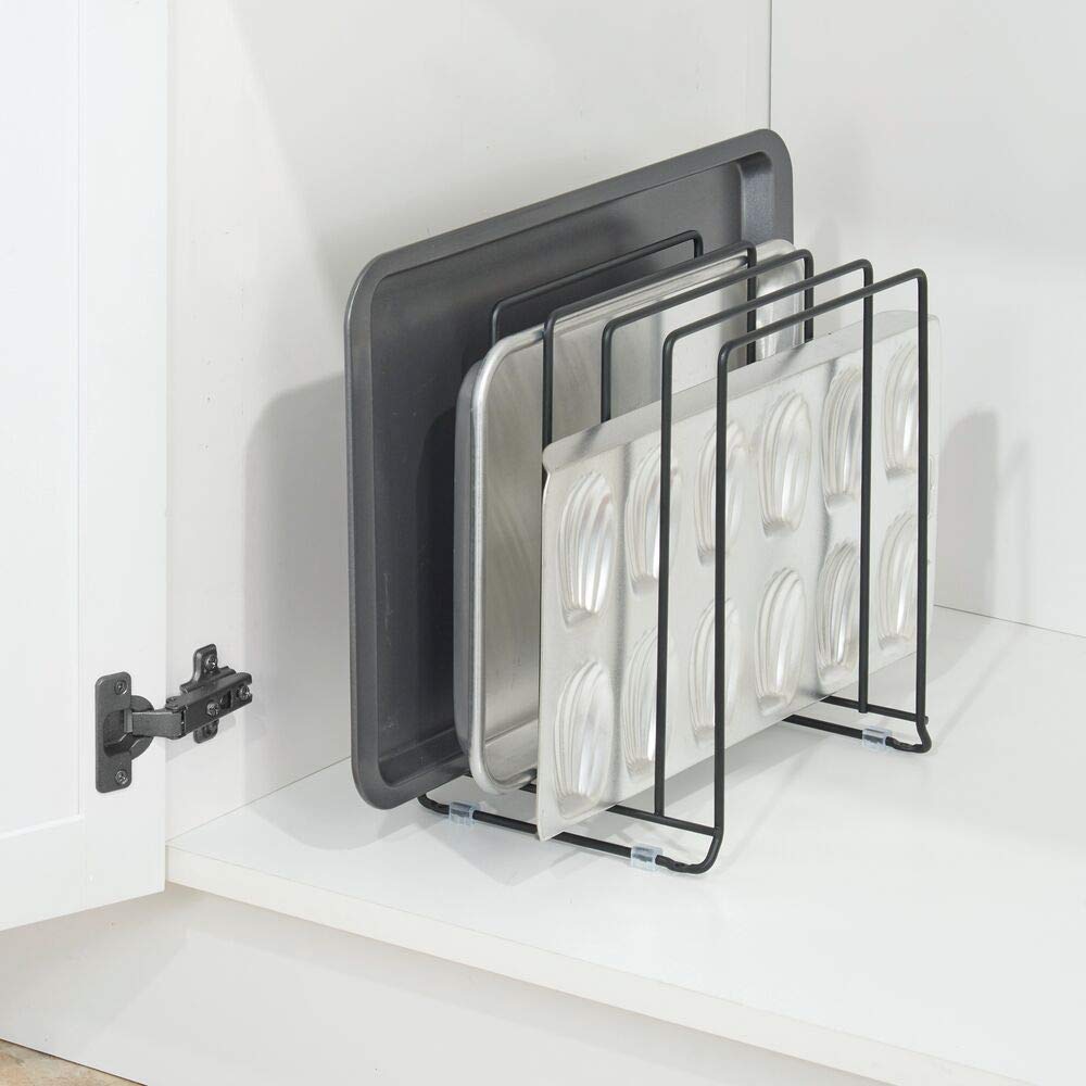MDESIGN wire rack in cabinet organizes pots and lids for quick selection.