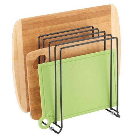 MDESIGN cookware organizer holds dishes and cutting boards neatly.
