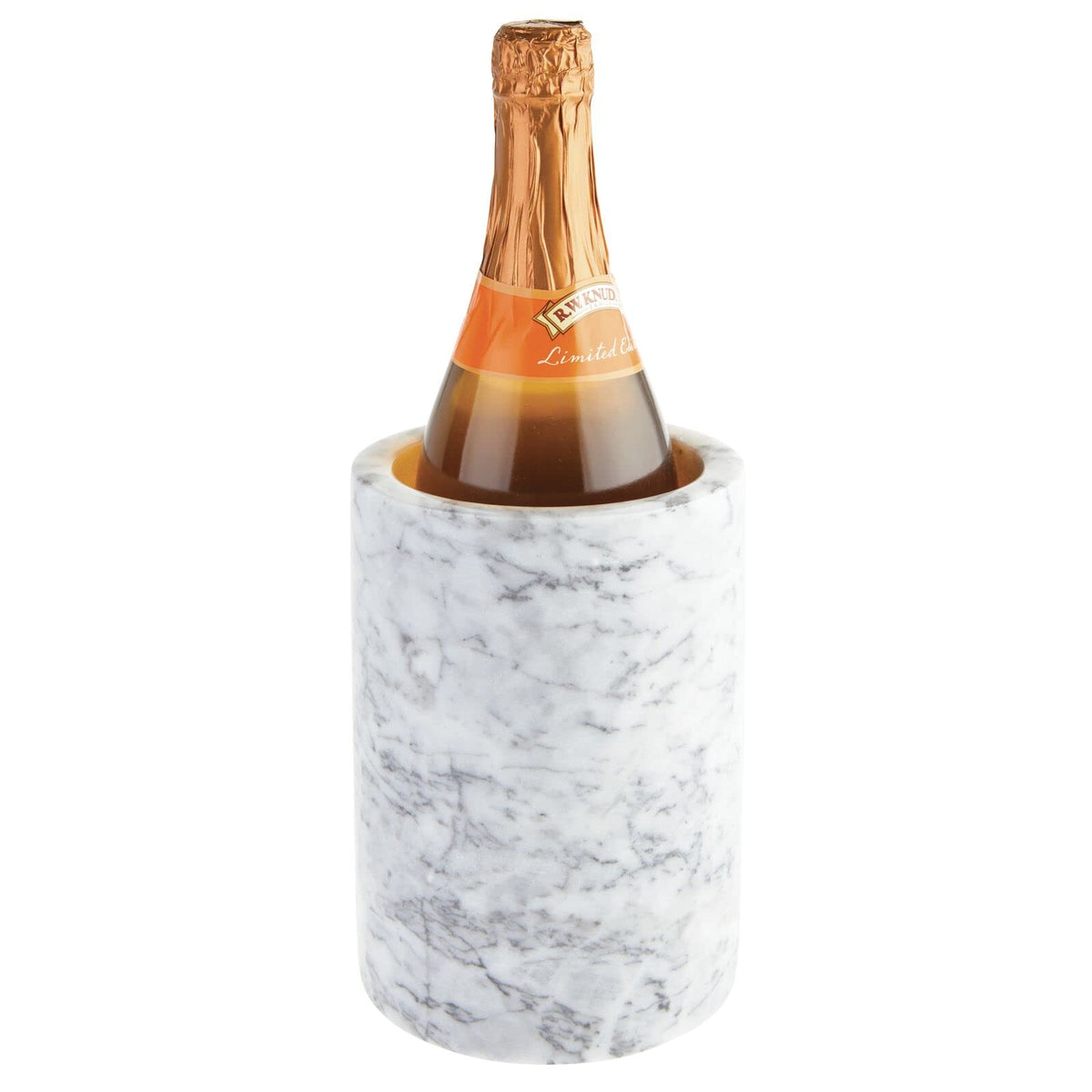 mDesign single bottle wine chiller on white marble for elegant wine service.