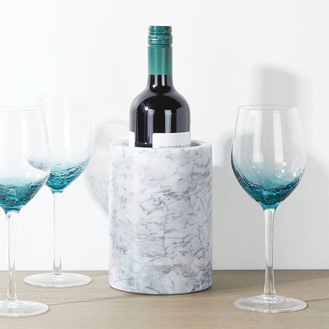 mDesign wine chiller with bottle inside on kitchen counter for quick chilling.