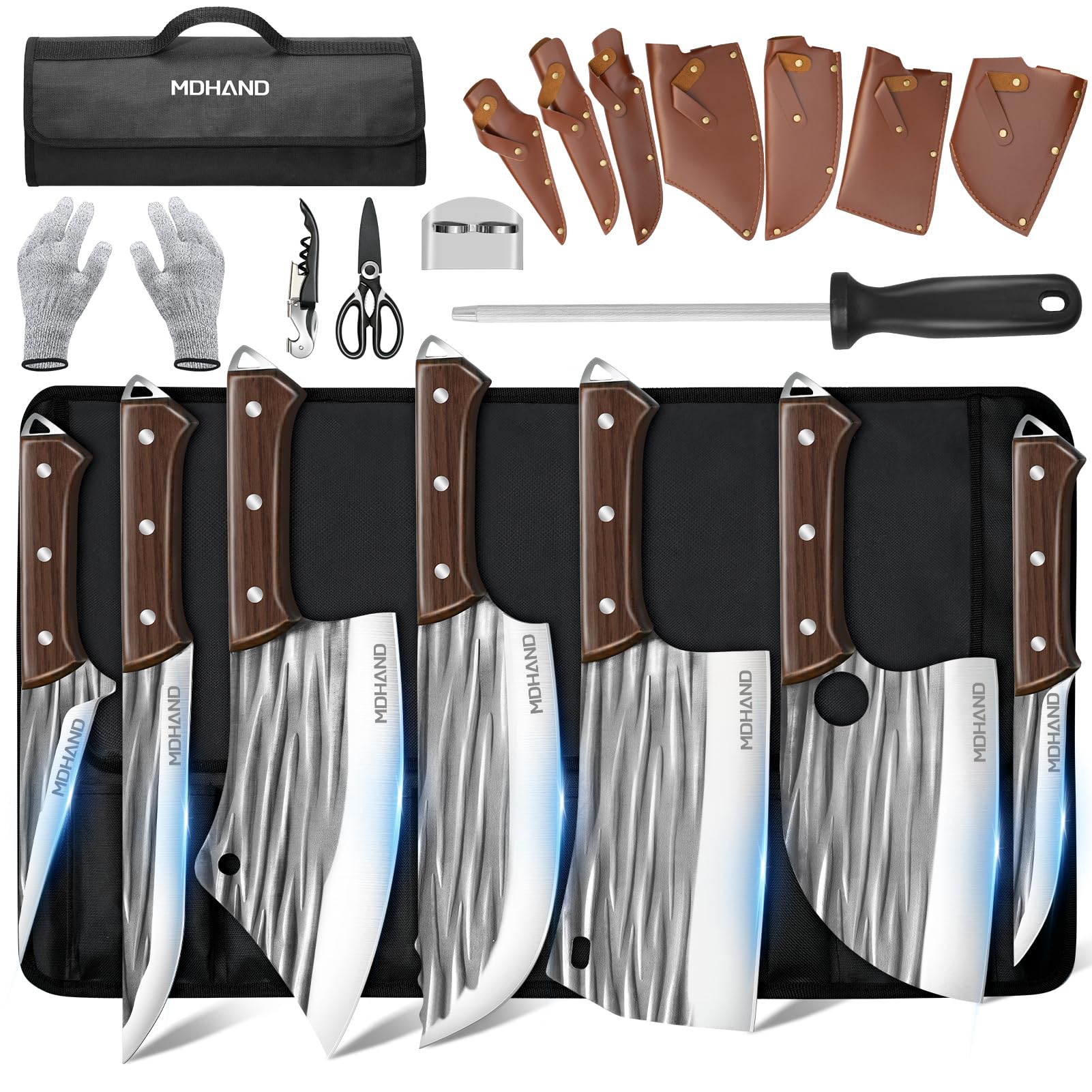 MDHAND 14pc butcher knife set with roll bag for organized kitchen prep