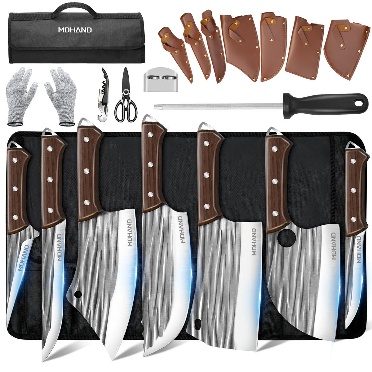 MDHAND 14pc butcher knife set with roll bag for organized kitchen prep