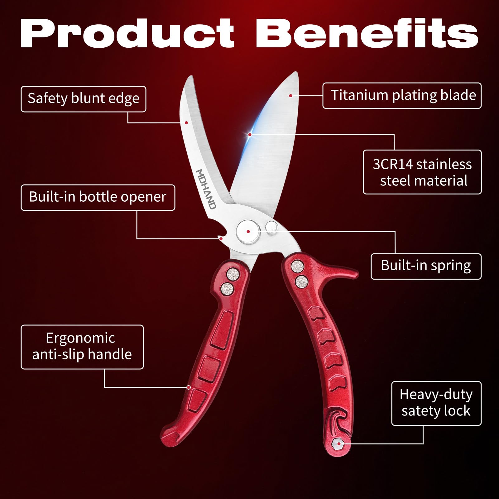 MDHAND Kitchen Shears micro-serrated edges provide secure, non-slip cutting during prep