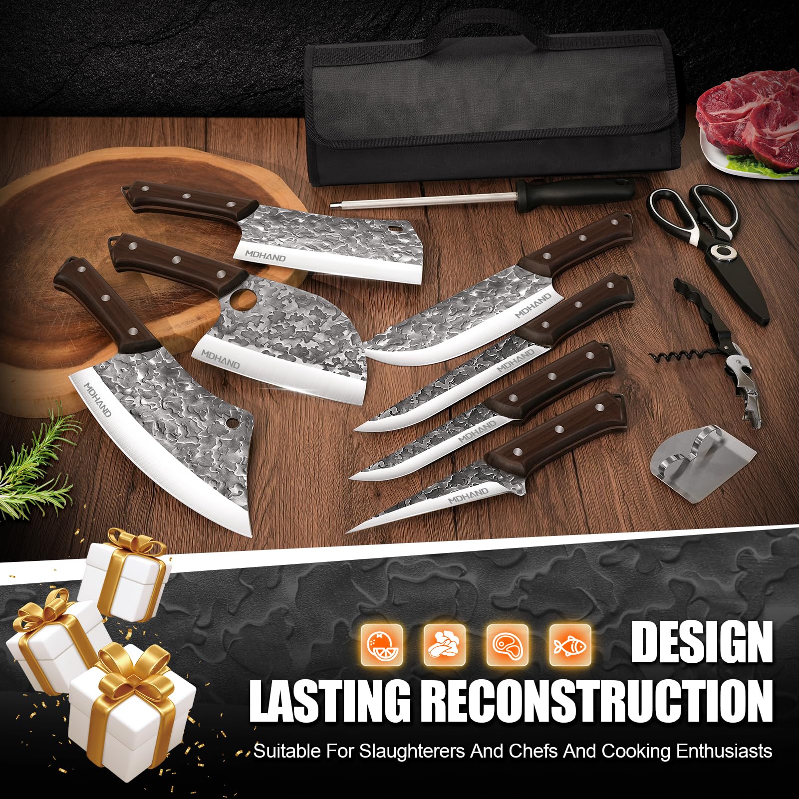 MDHAND knife roll bag with sheaths and sharpening bar for protection