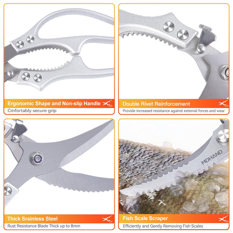 MDHAND multi-tasking blades slice poultry, fish, vegetables with ease.