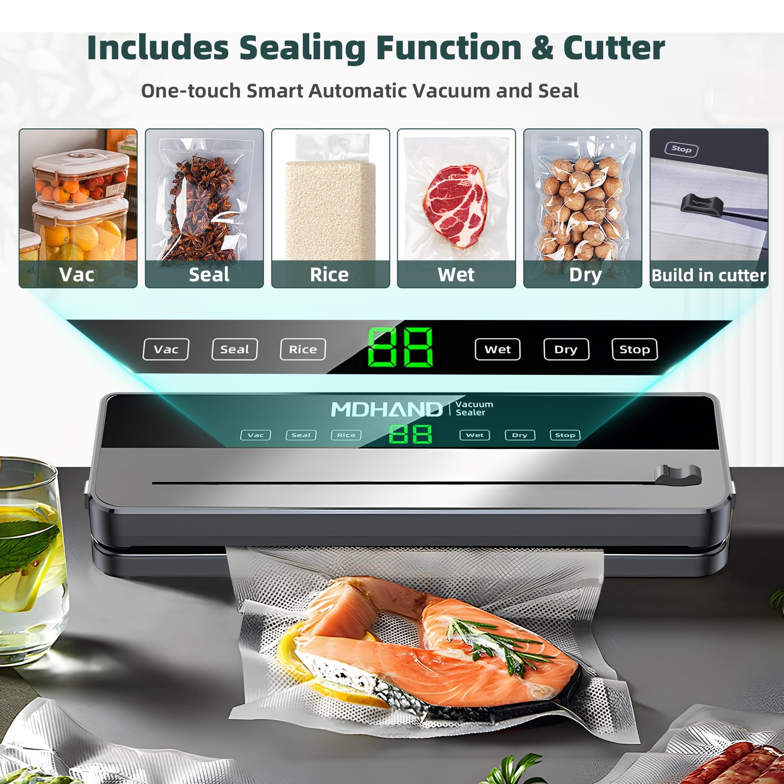 MDHAND vacuum sealer dry and moist mode shows versatile sealing for freshness.