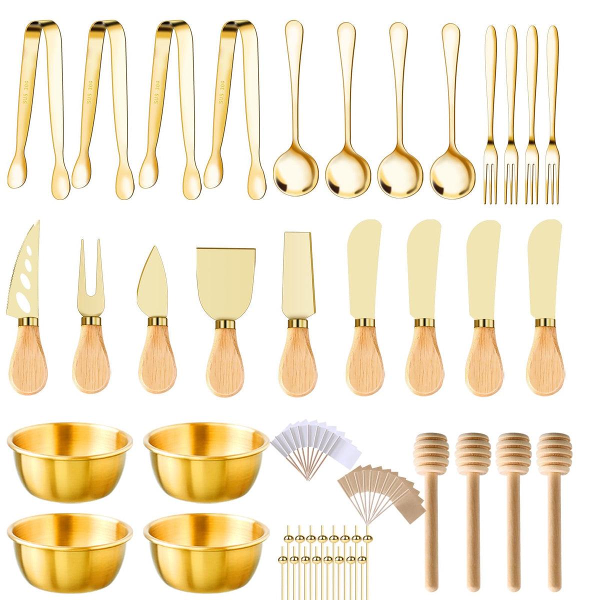 MDSPLPIY 49Pcs gold charcuterie set with wooden-handled knives for elegant serving.