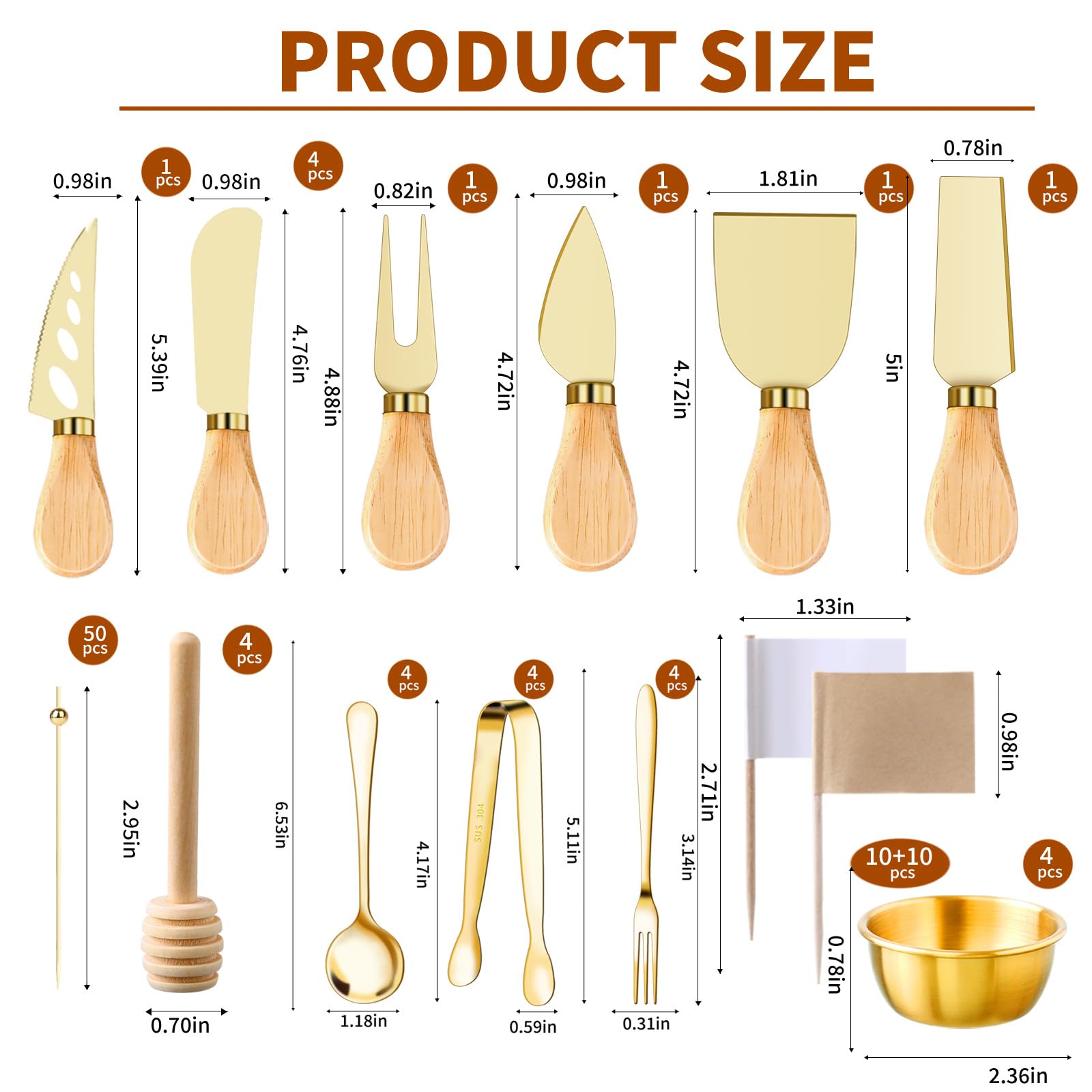 MDSPLPIY gold utensils with stainless steel tongs, spoons, and forks for easy serving.