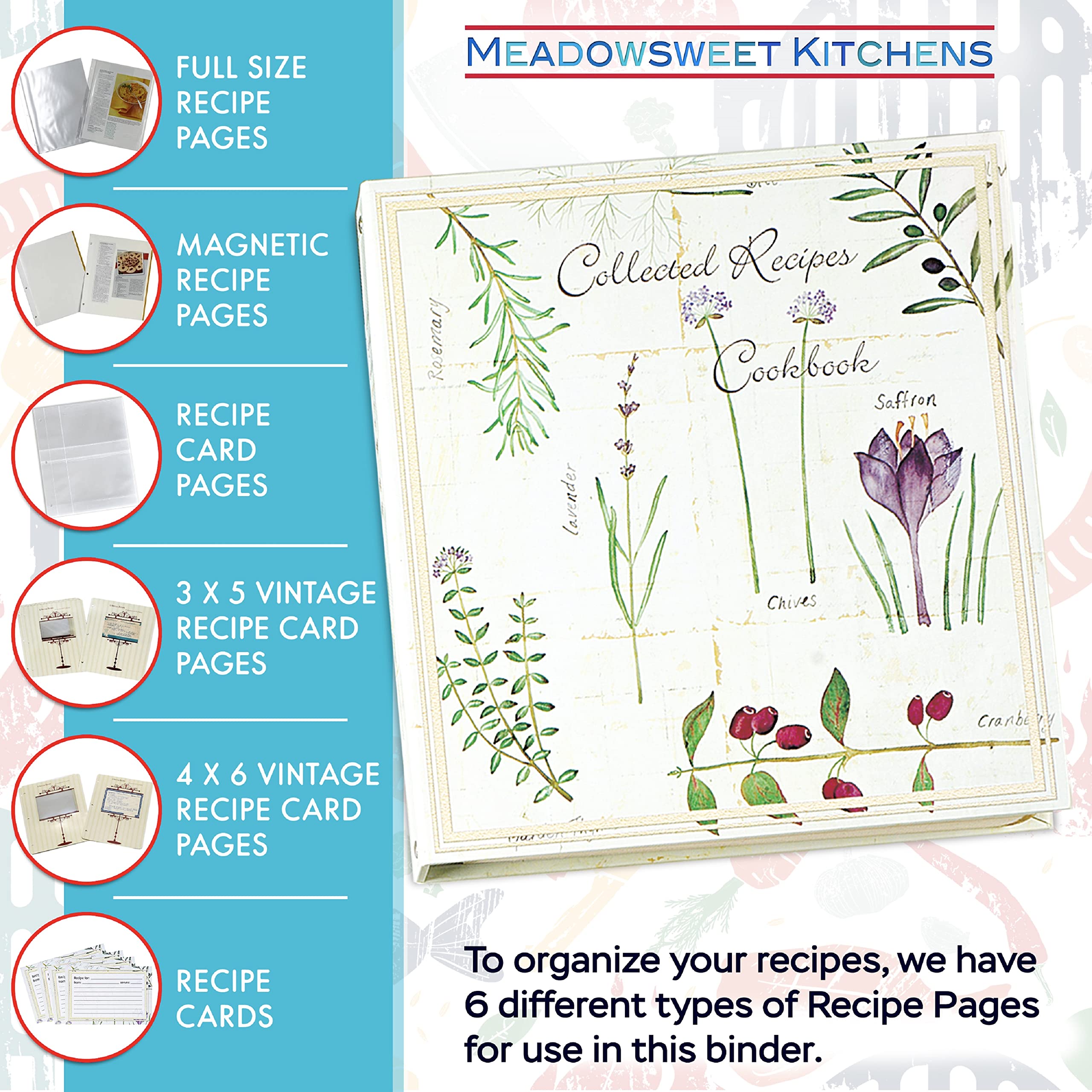 Meadowsweet Kitchens 8 tab dividers with categories, quick access from Appetizers to Desserts