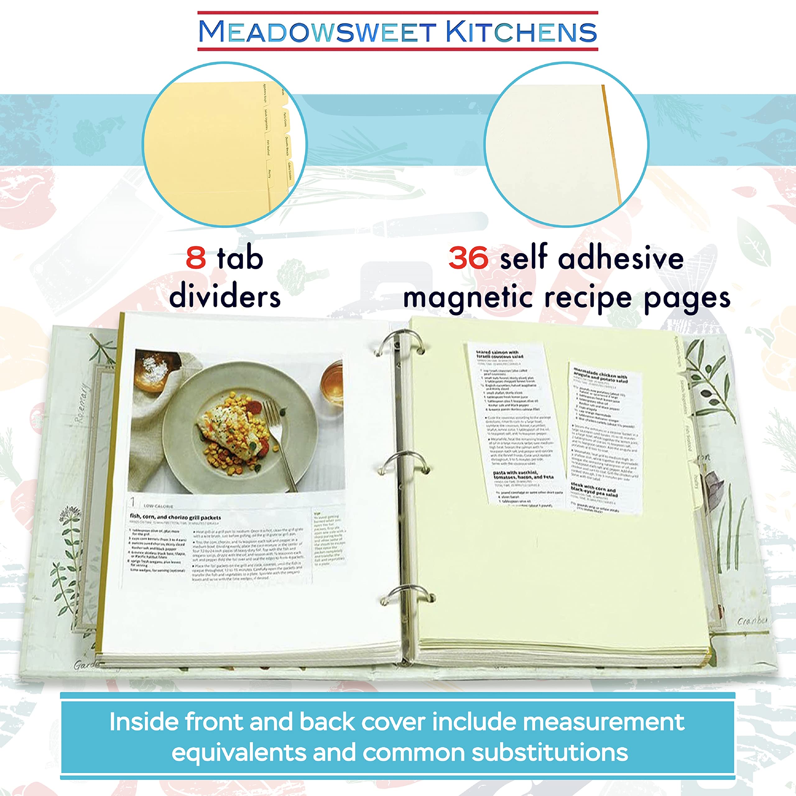 Meadowsweet Kitchens self-adhesive pages hold recipe clippings securely, no real magnets needed