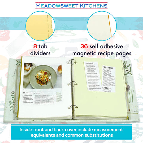 Meadowsweet Kitchens self-adhesive pages hold recipe clippings securely, no real magnets needed