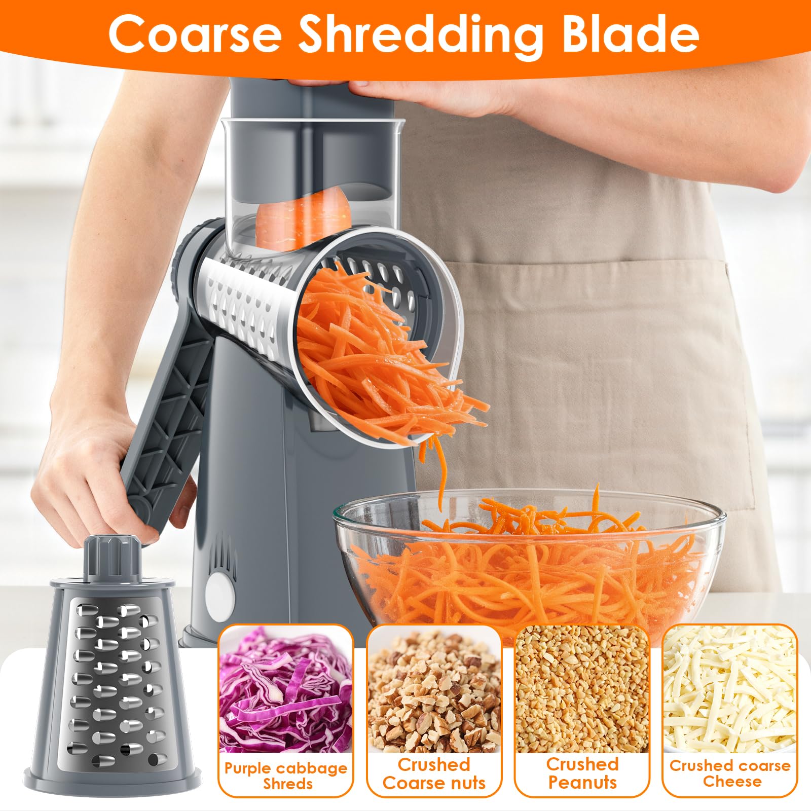 MealHelper hand crank design offers smooth, effortless grating and control.