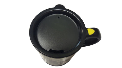Mean Muggin self-stirring star mug with lid on for easy, mess-free stirring.