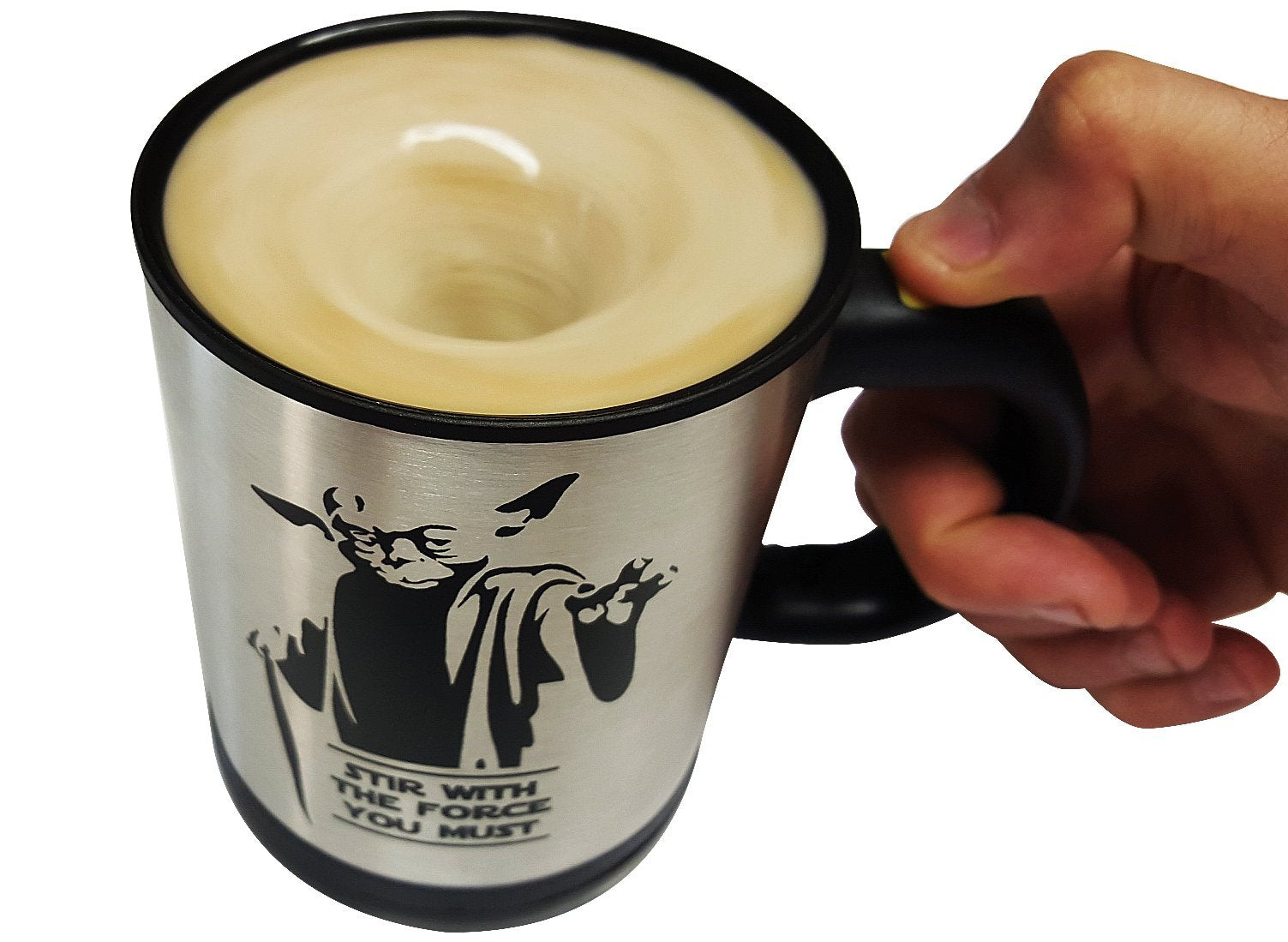 Mean Muggin self-stirring star mug side view showing double-wall insulation and spill-safe lid.
