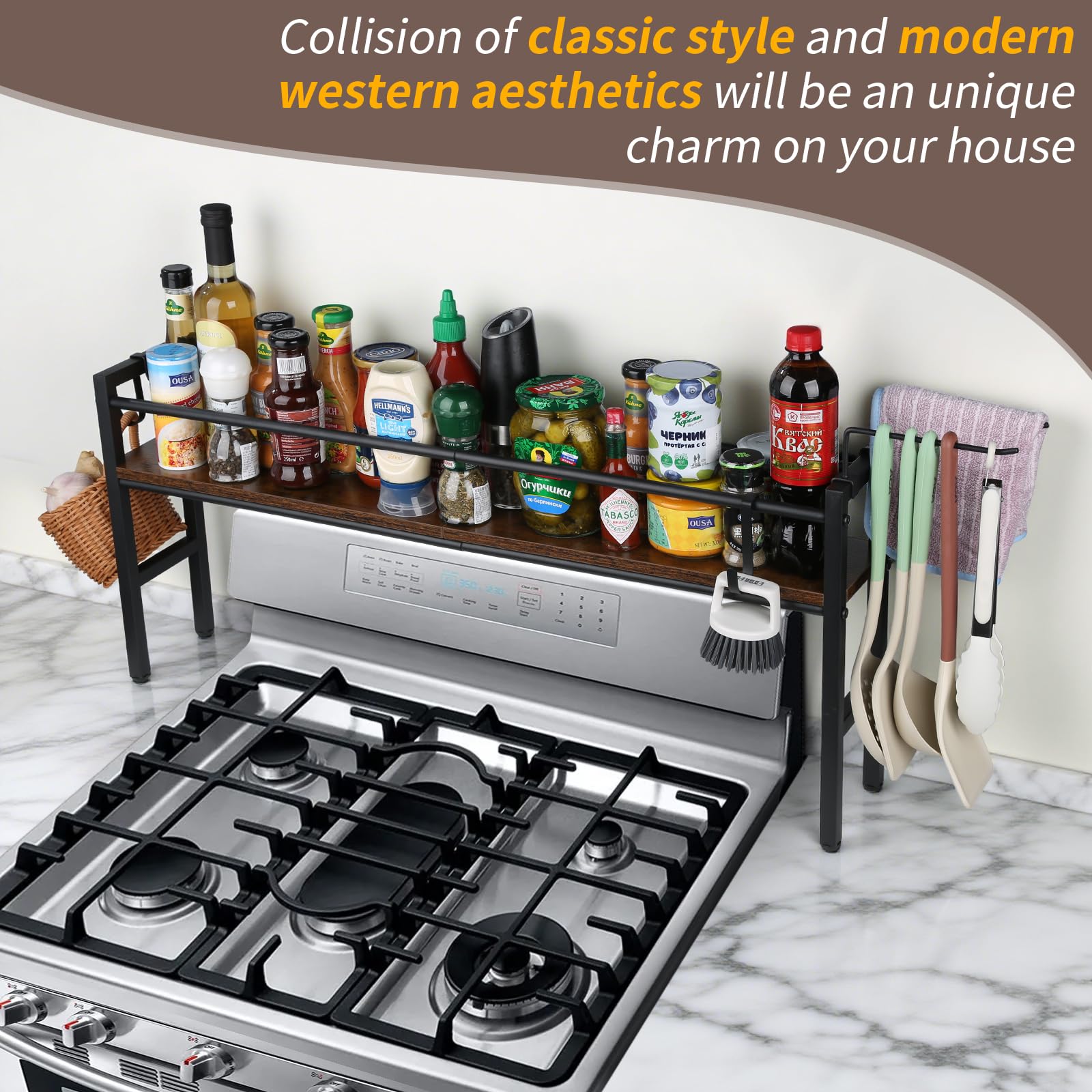 Meangood spice rack shelf with four hooks stores utensils neatly.