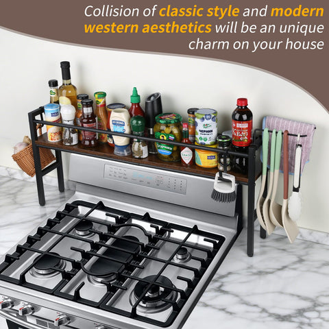 Meangood spice rack shelf with four hooks stores utensils neatly.