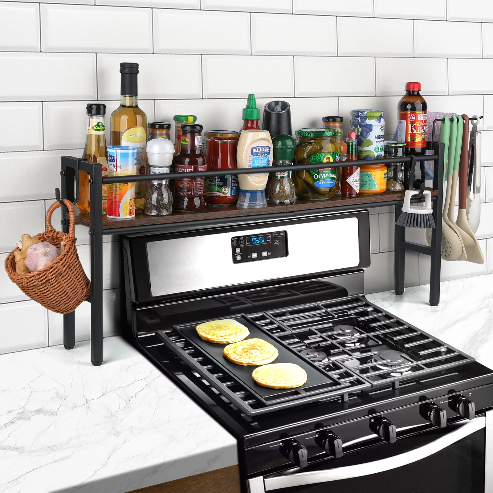 Meangood spice rack shelf over stove keeps spices within reach and organized.