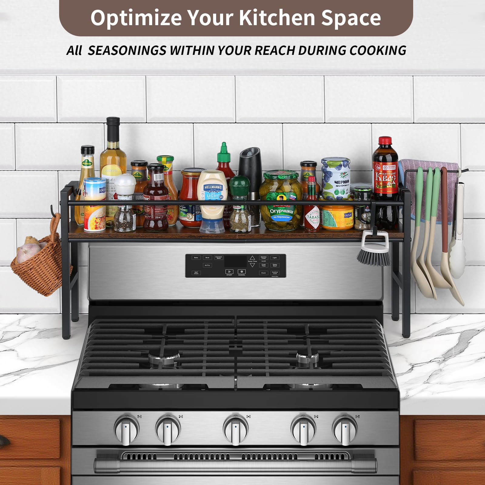 Meangood sturdy iron with walnut finish adds durable kitchen style.