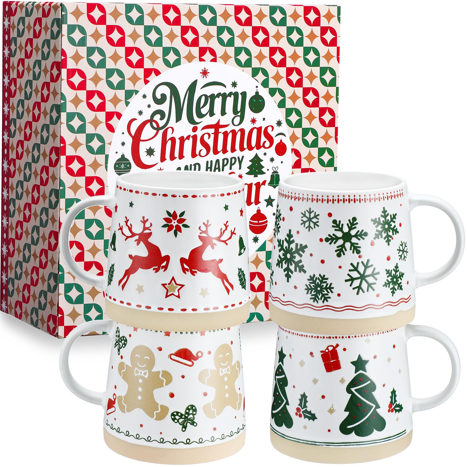Meanplan Christmas mugs set of four ceramic cups with festive patterns for cozy cocoa mornings.