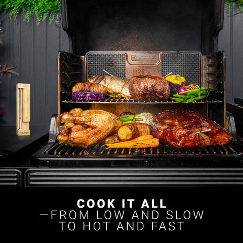 MEATER Pro temperature readings highlighted on display during indirect heat cooking