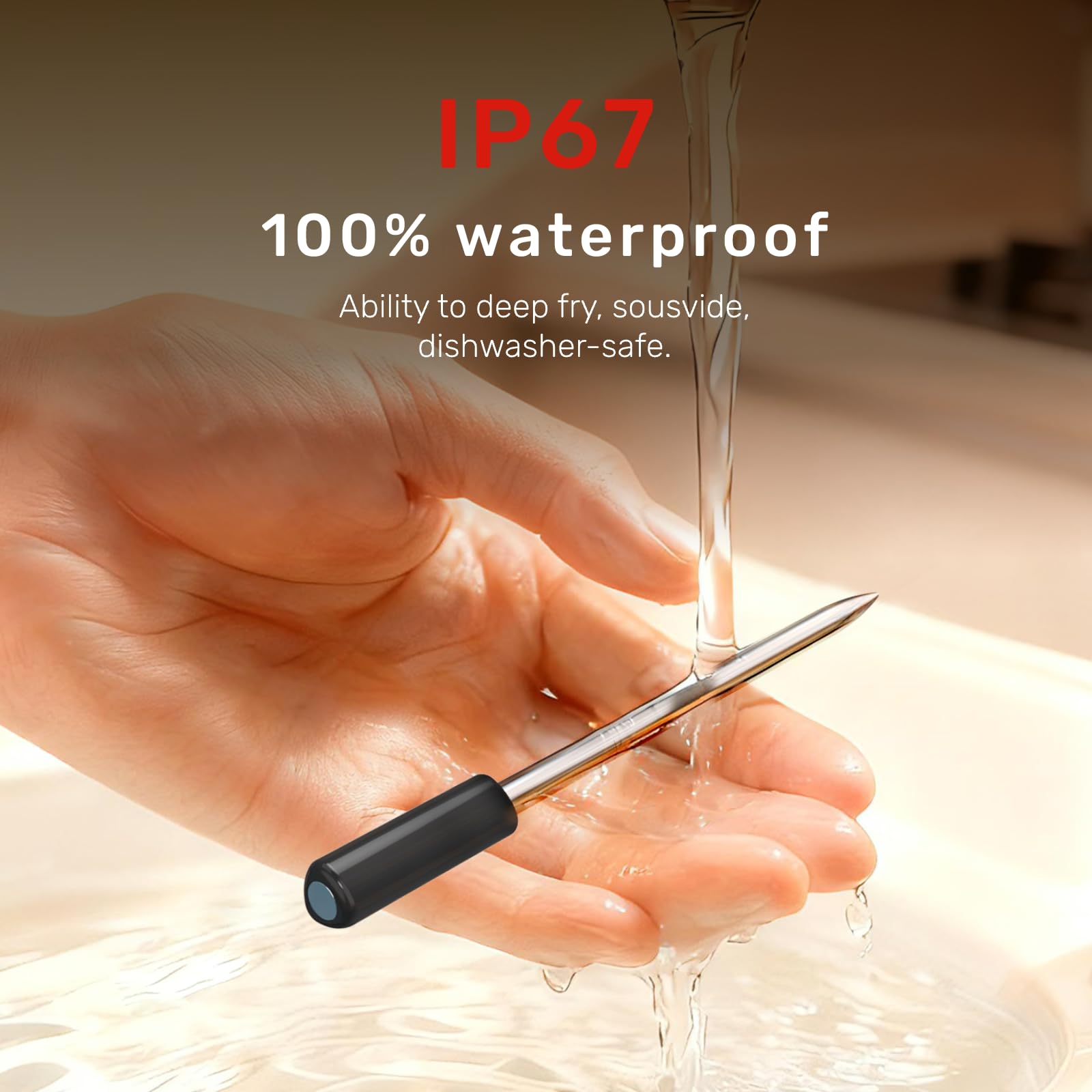 Meatmeet Pro WiFi thermometer IP67 waterproof label indicates rugged protection