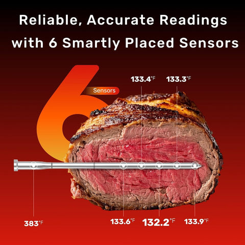 Meatmeet S Pro probe closeup highlights multi-sensor accuracy for meat temps.