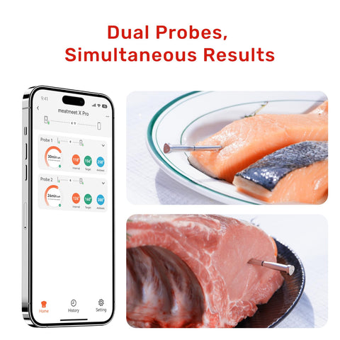 Meatmeet X Pro LED display visible during cooking.