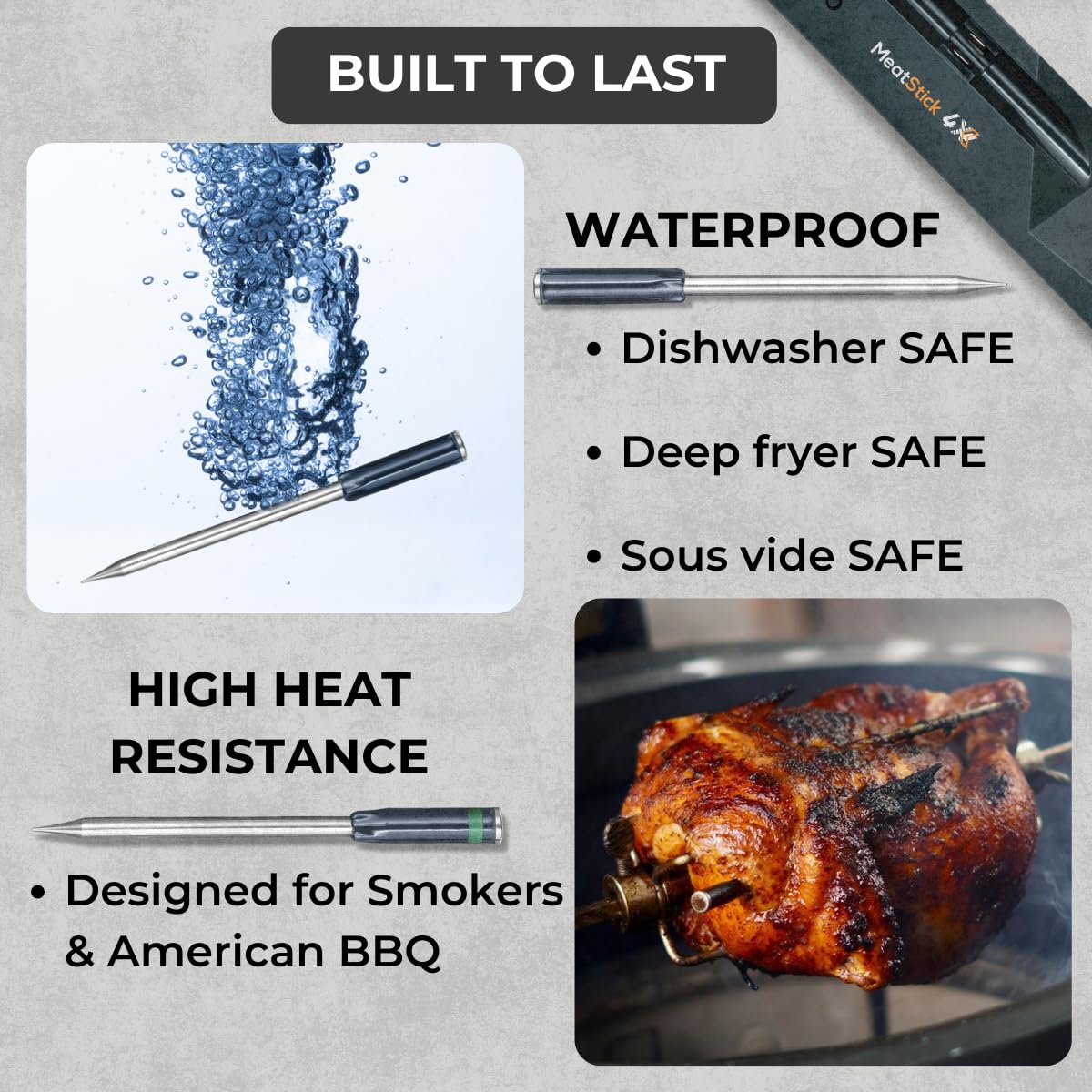 MeatStick 4X dishwasher-safe probe for easy cleanup after cooking.