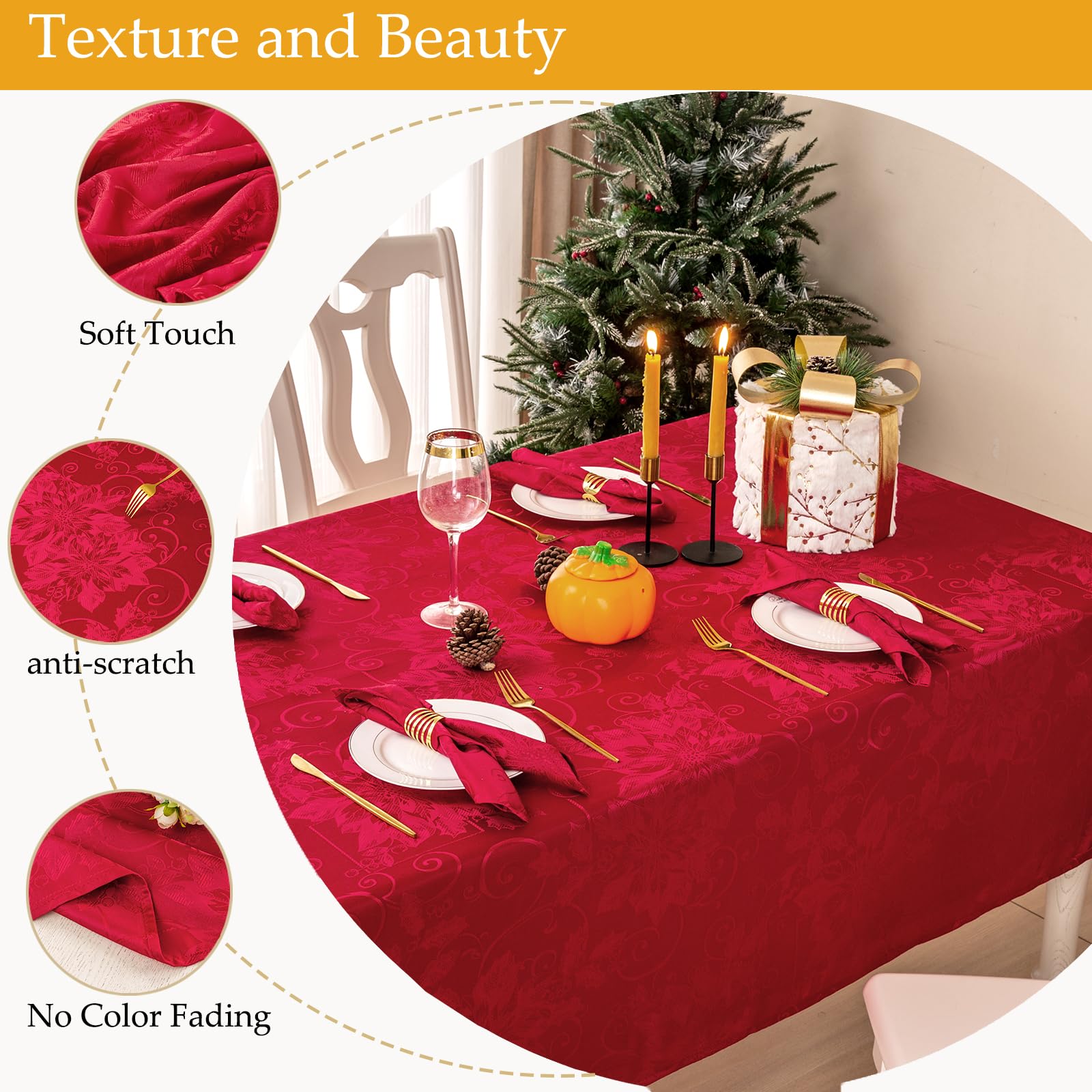 Mebakuk fade-resistant jacquard fabric ensures long-lasting elegance on red tablecloth