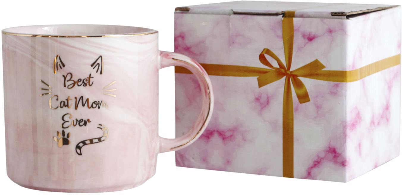 Mecai Cat Mom Mug featuring unique marbling; ideal gift