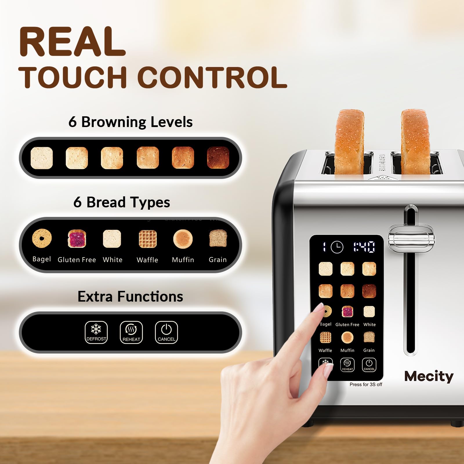 Mecity touch screen control panel close-up for bagels and waffles.
