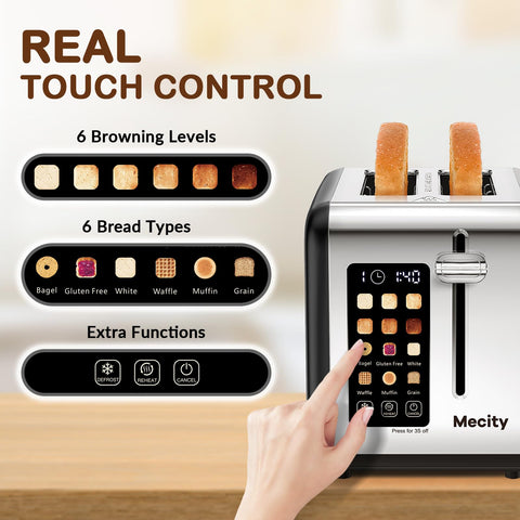 Mecity touch screen control panel close-up for bagels and waffles.