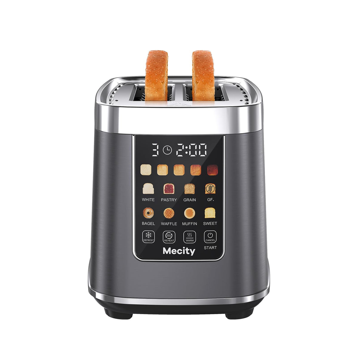 Mecity 2-slice toaster front view with touch screen for quick browning