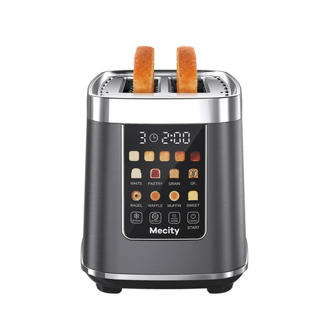 Mecity 2-slice toaster front view with touch screen for quick browning