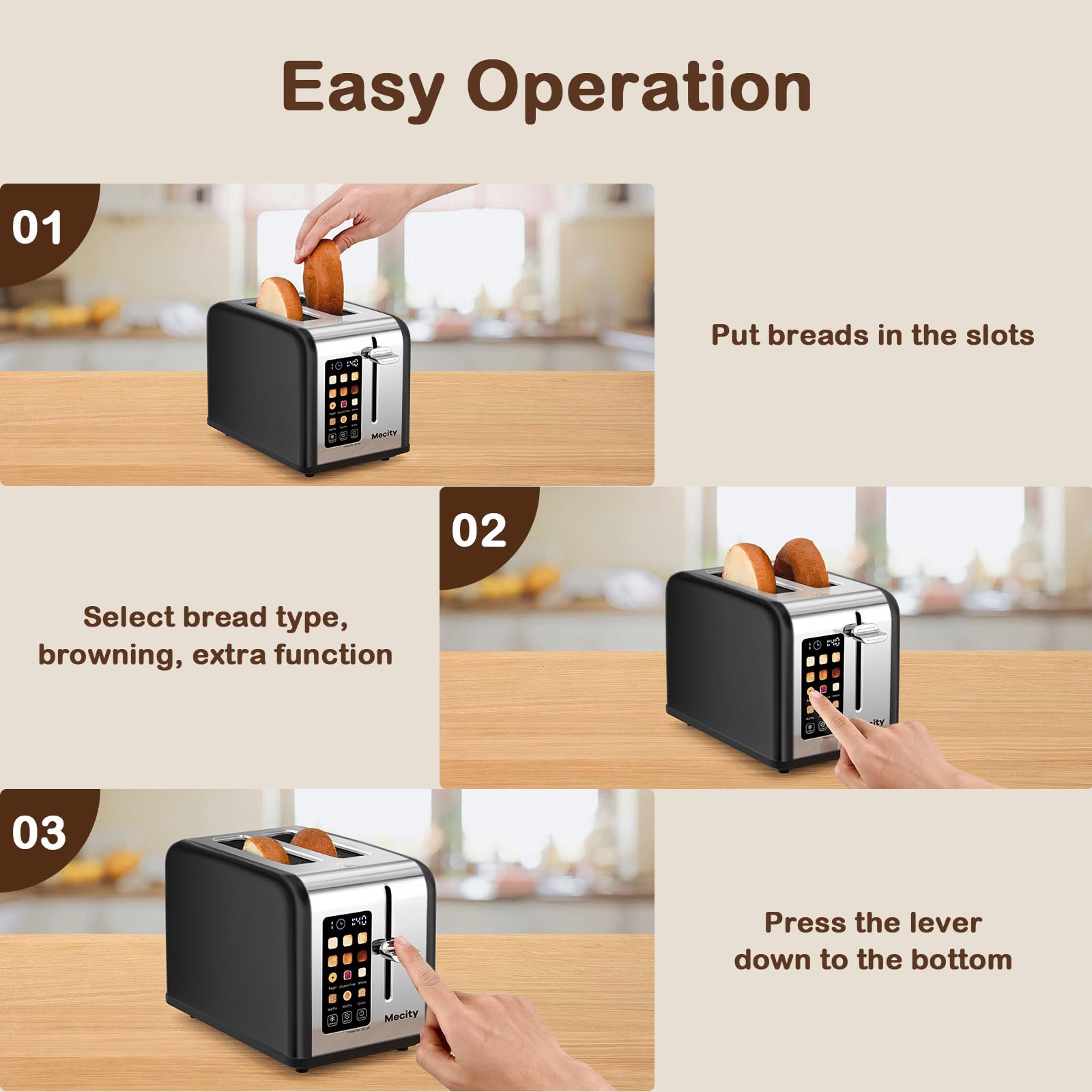 Mecity even toasting with advanced heating technology across slices.