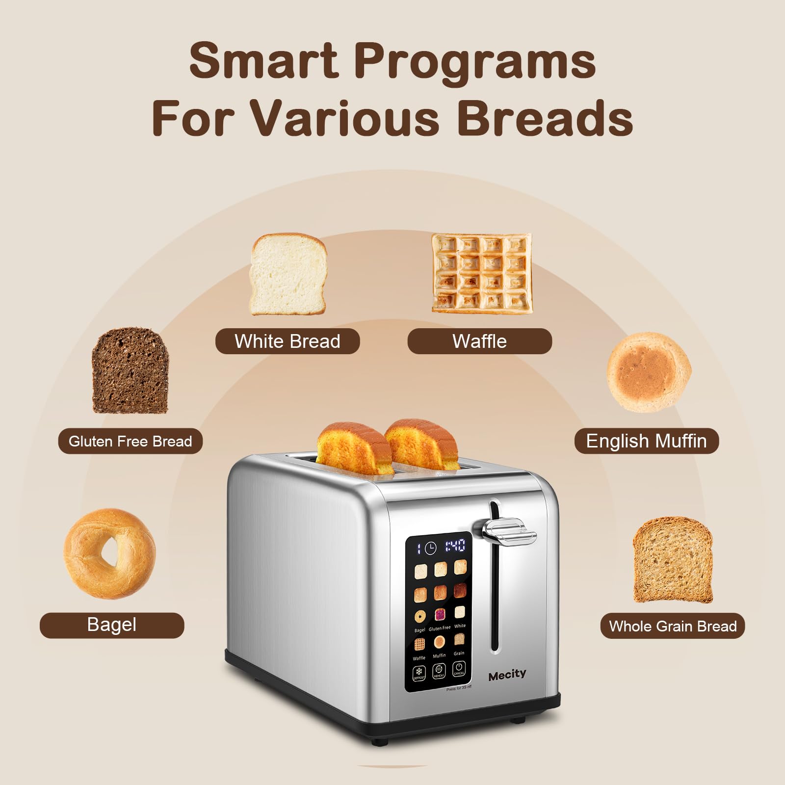 Mecity toaster stainless steel shell offers durable, modern kitchen aesthetics.