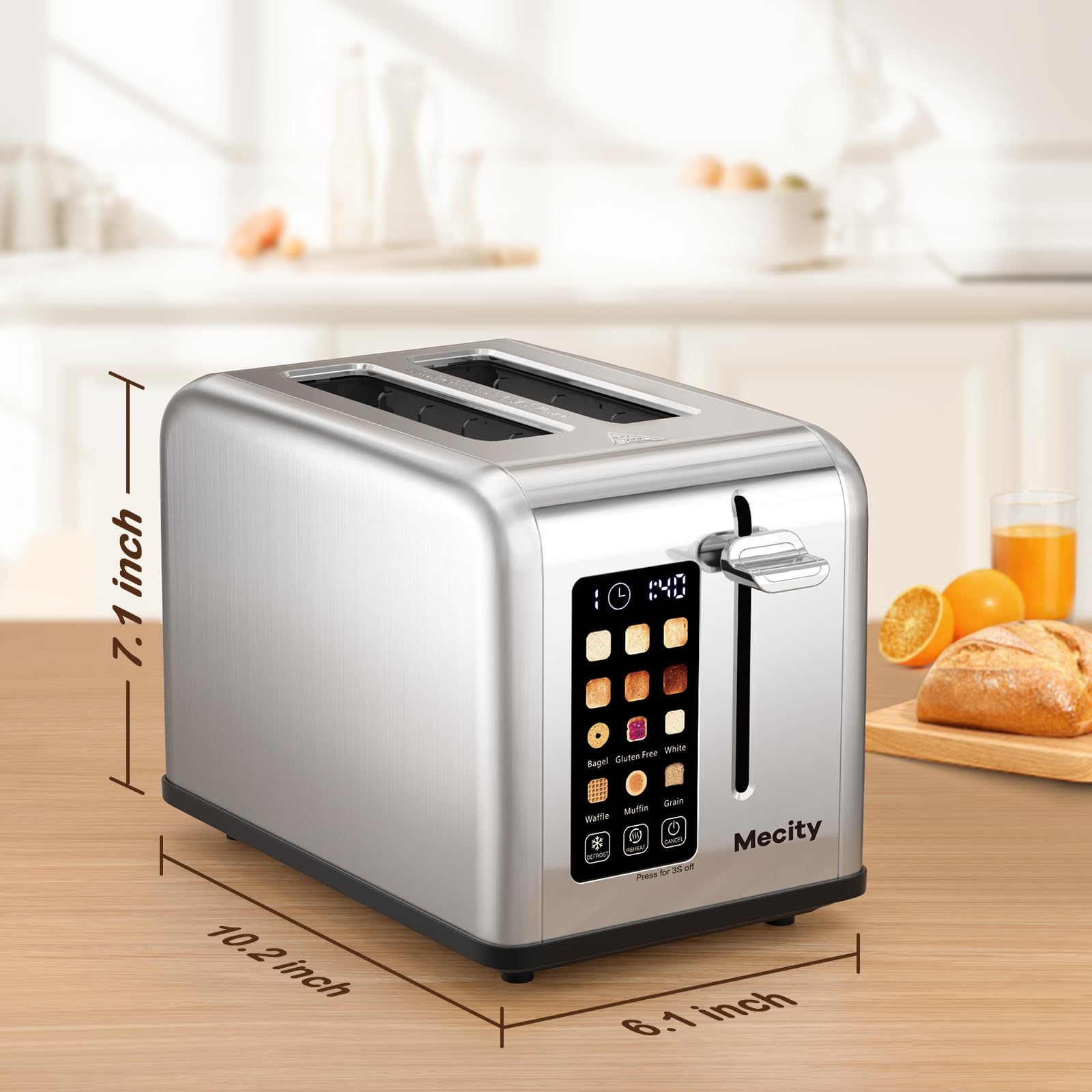 Mecity toaster smart controls visible on the touchscreen for quick preset access.
