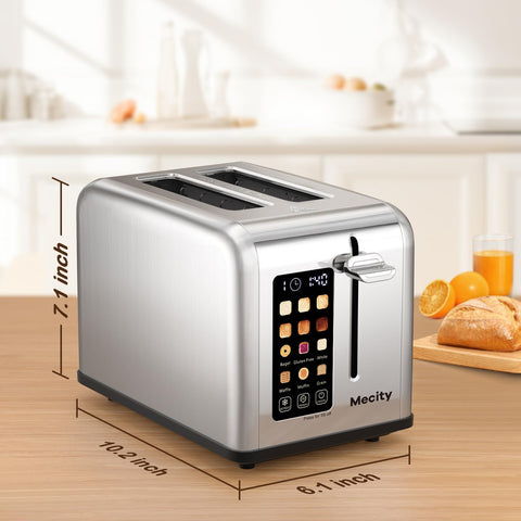 Mecity toaster smart controls visible on the touchscreen for quick preset access.