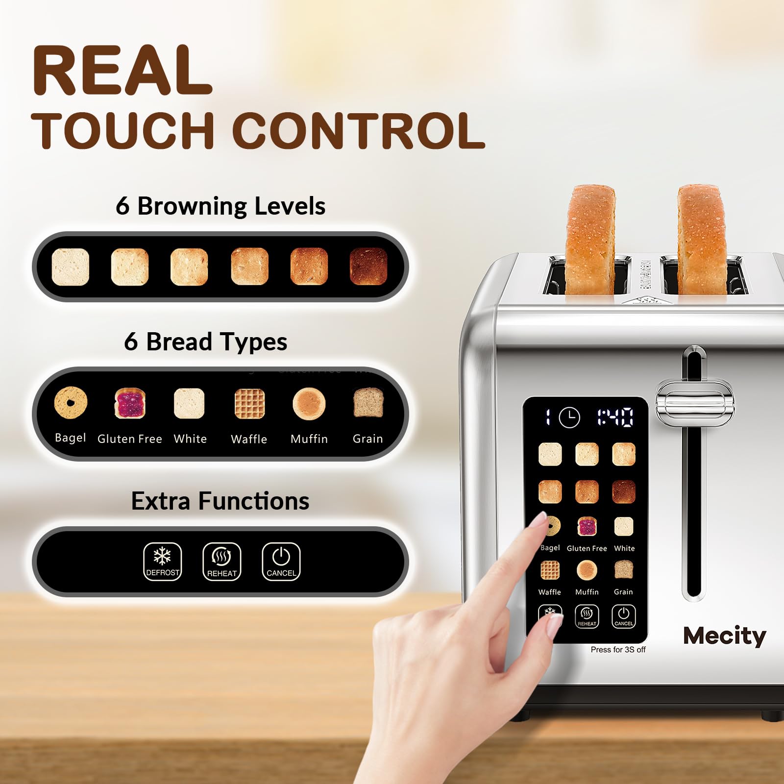 Mecity toaster wide 1.5-inch slot accommodates bagels and thick slices.
