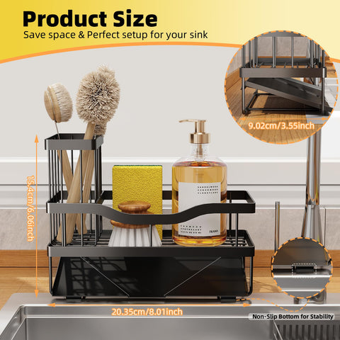 Brushed stainless steel Mecyfaty sink caddy organizes sponges and brushes neatly