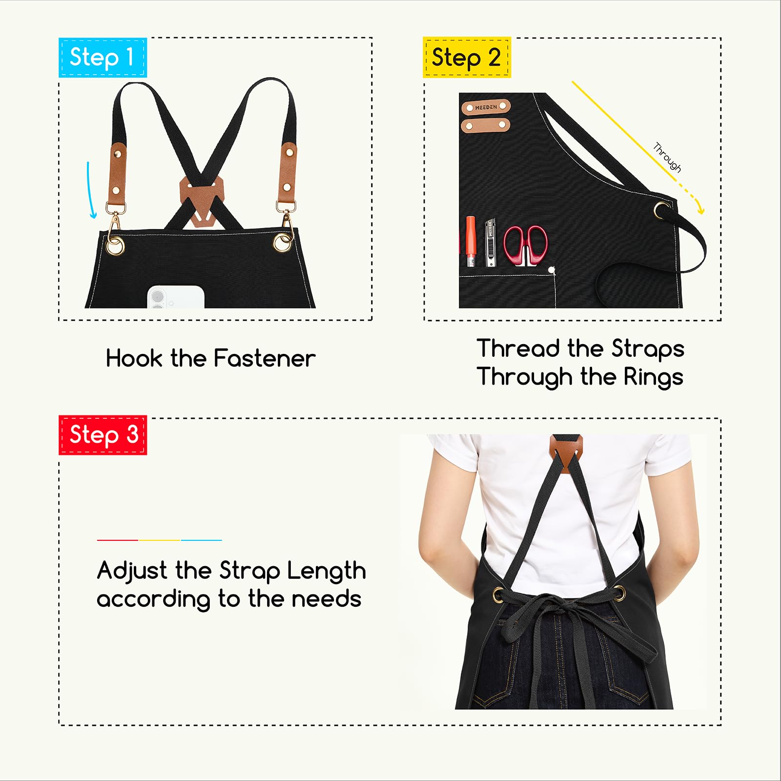 MEEDEN painting apron with easy-on, easy-off design features